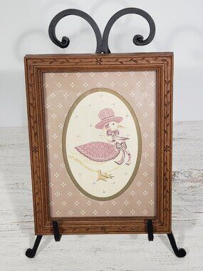 Vintage Framed White Goose in pink clothing hat 7" X 9" Cottagecore Grandmacore